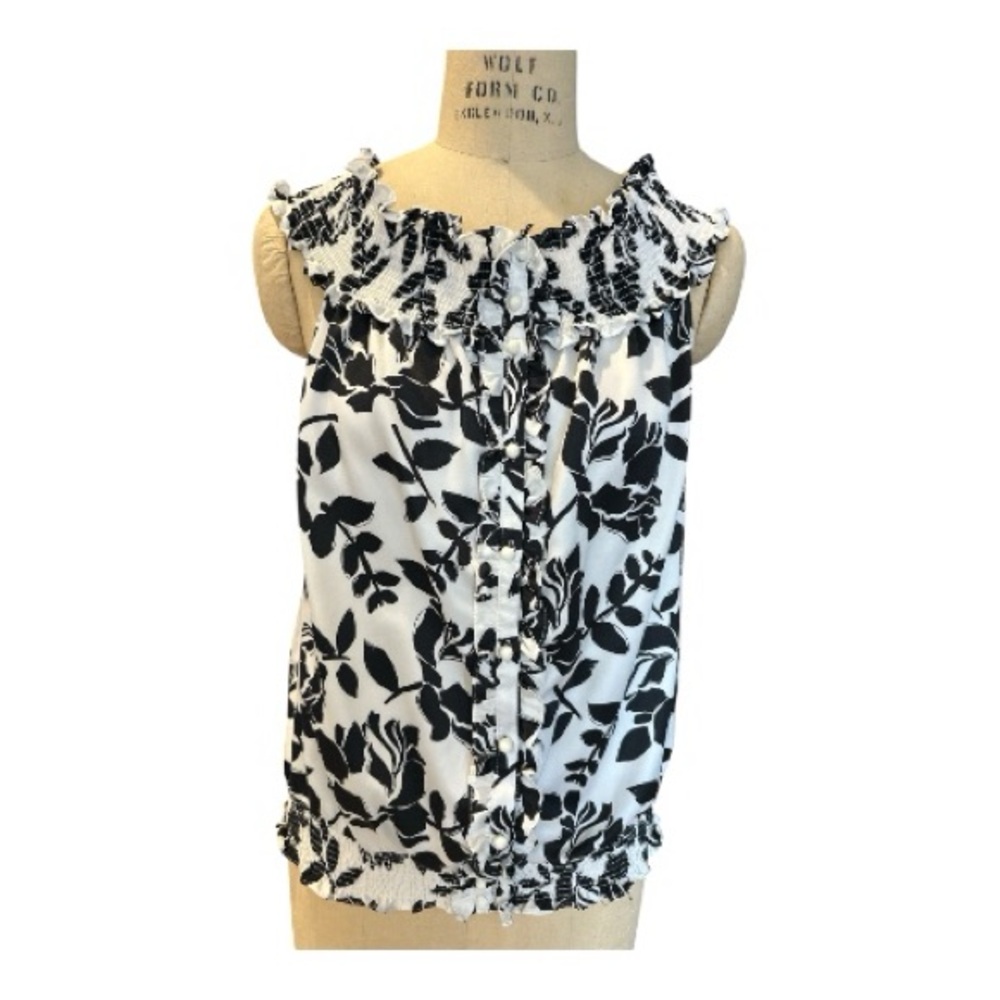 White House Black Market Floral Ruffle Trim Black and White Women Top. Size L